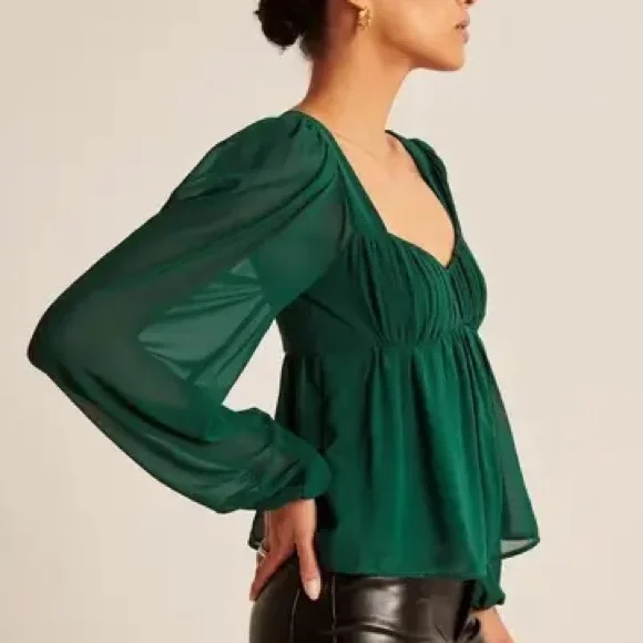 Abercrombie & Fitch Deep Green Puff Sleeve Blouse - Picture 2 of 5
